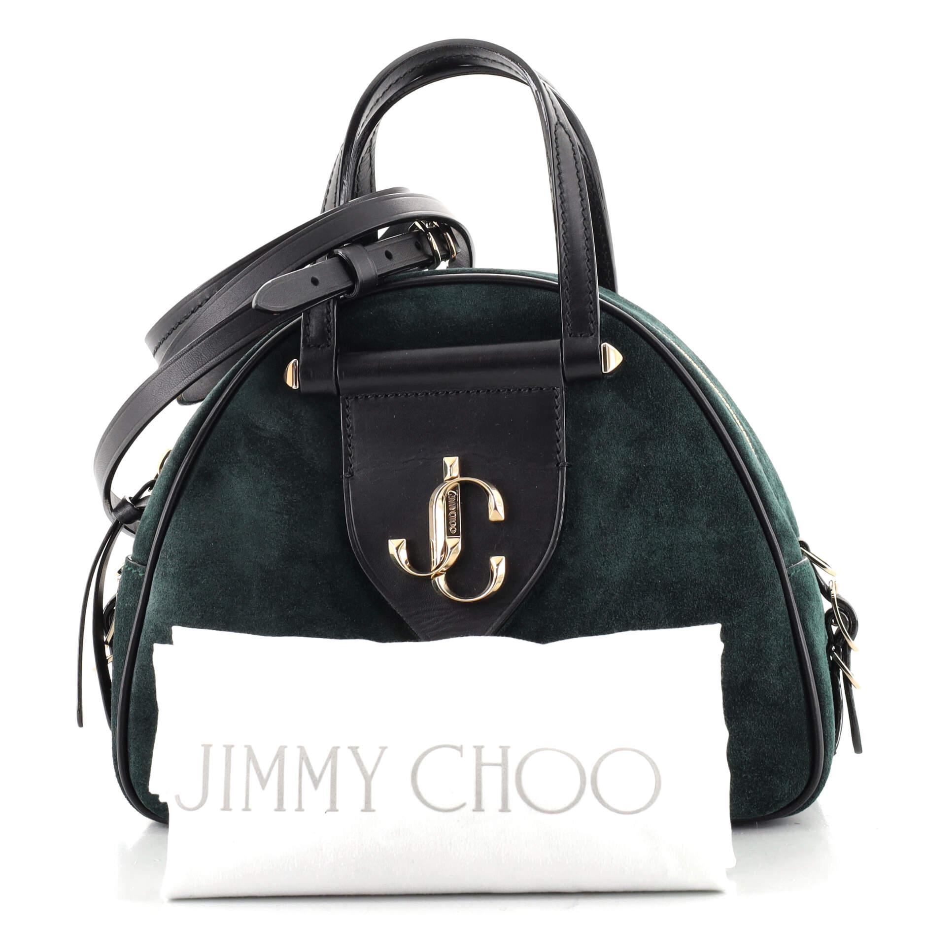 Jimmy Choo Varenne Small Bowling Bag Green Suede & Black Leather Crossbody
