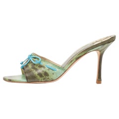 Jimmy Choo Vintage Green/Brown Karung Bow Mule Sandals Size 39