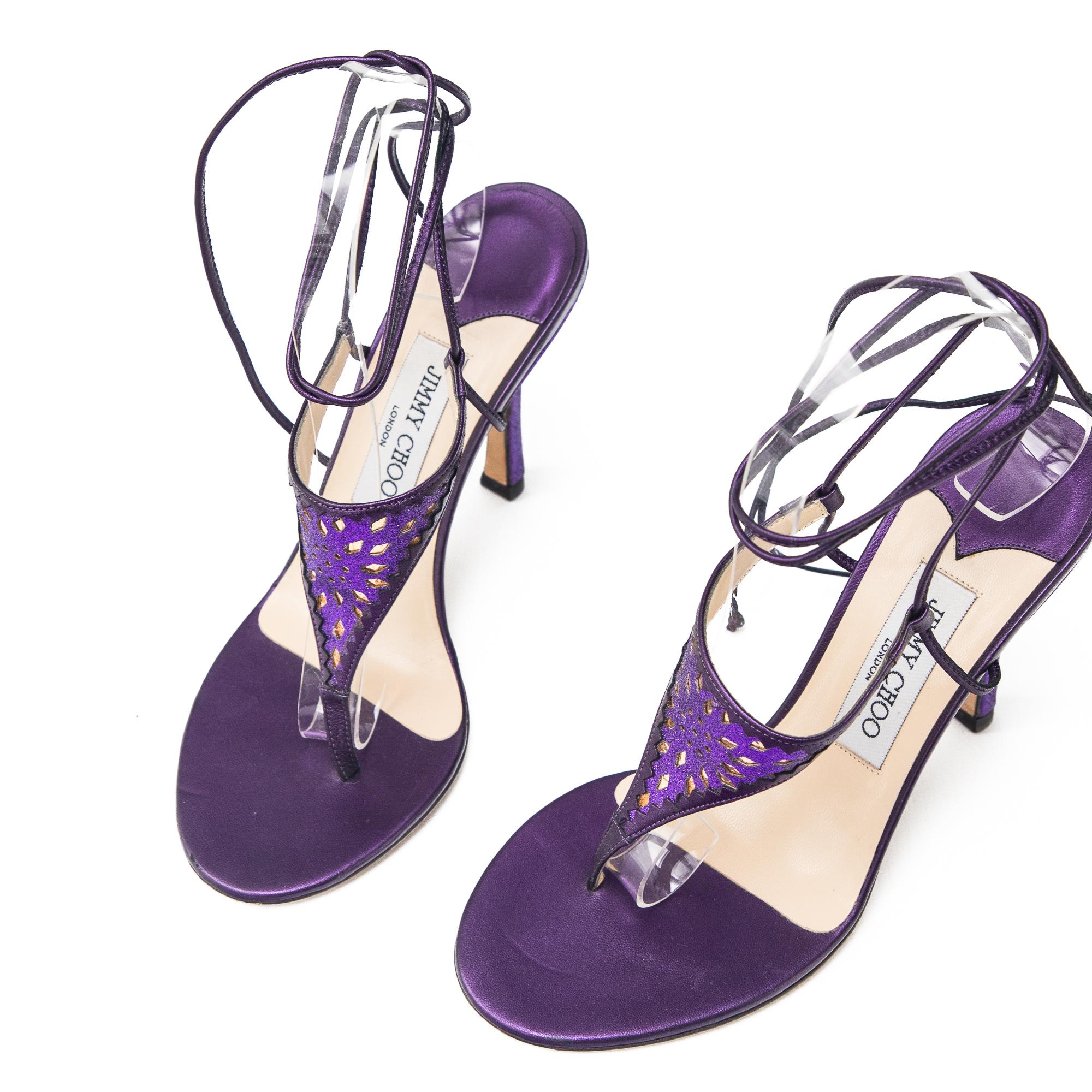 Gray Jimmy Choo Vintage Purple Lace up Thong Heels size 37.5