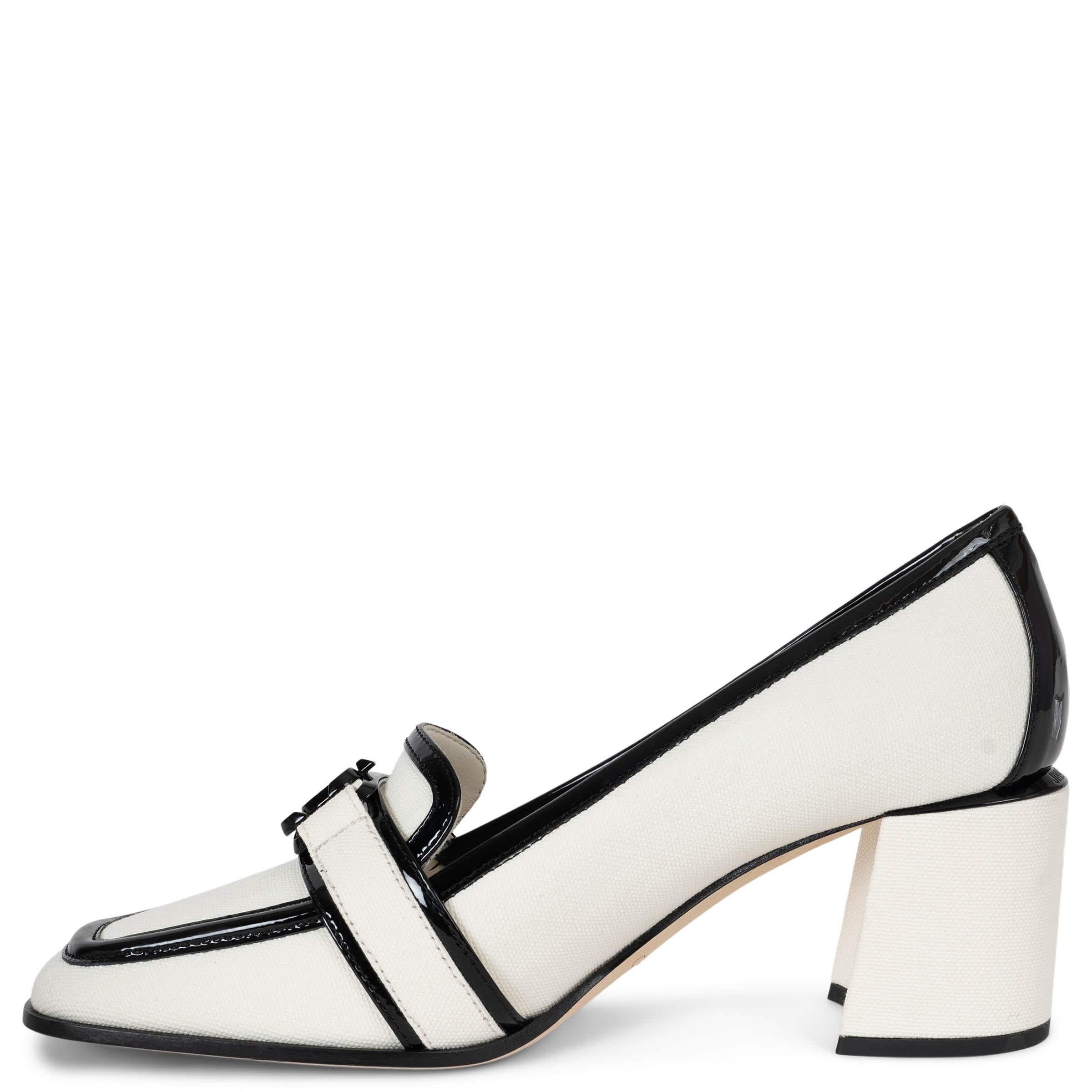 Gray JIMMY CHOO white & black canvas EVIN 65 PATENT TRIM Pumps Shoes 37.5 For Sale