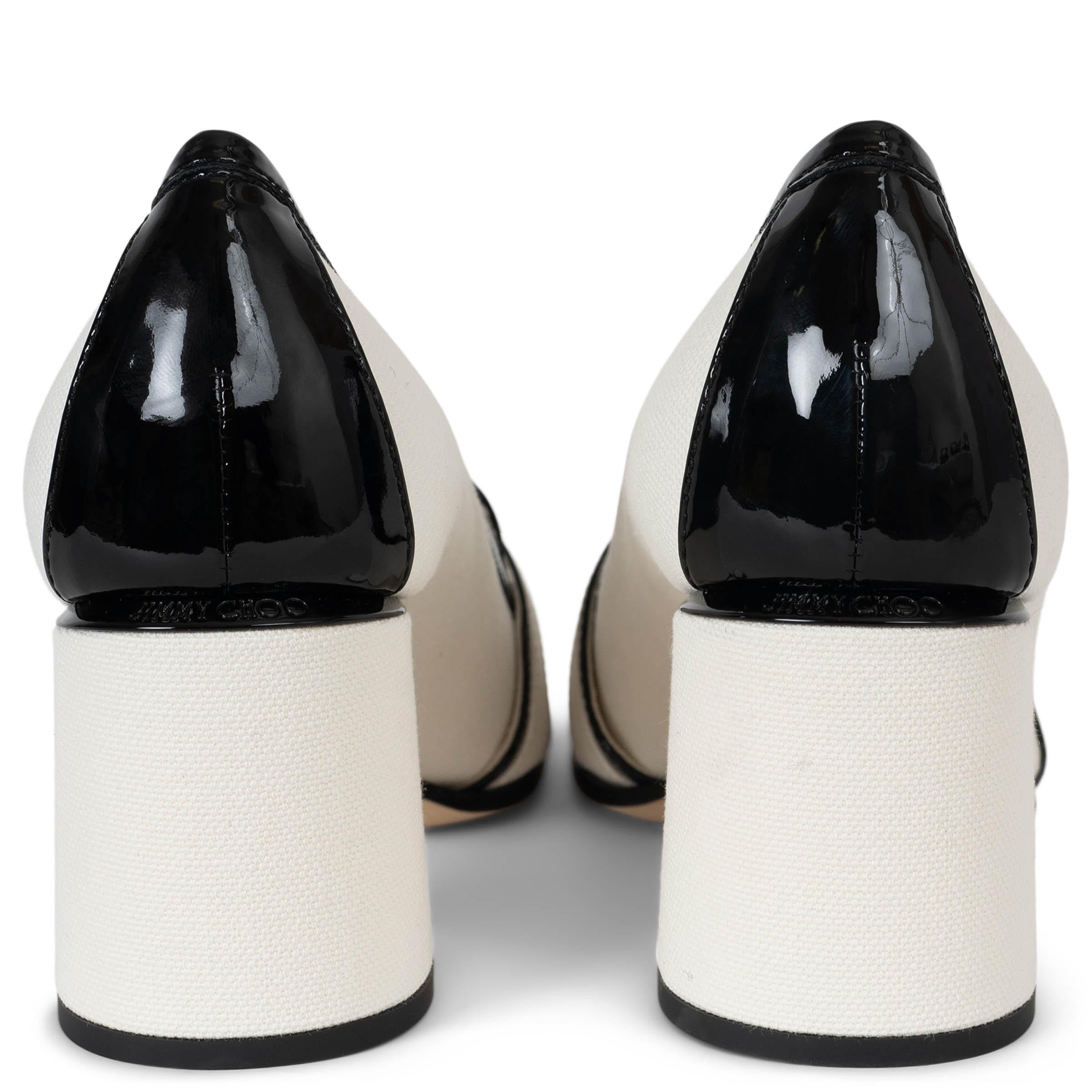 Women's JIMMY CHOO white & black canvas EVIN 65 PATENT TRIM Pumps Shoes 37.5 For Sale