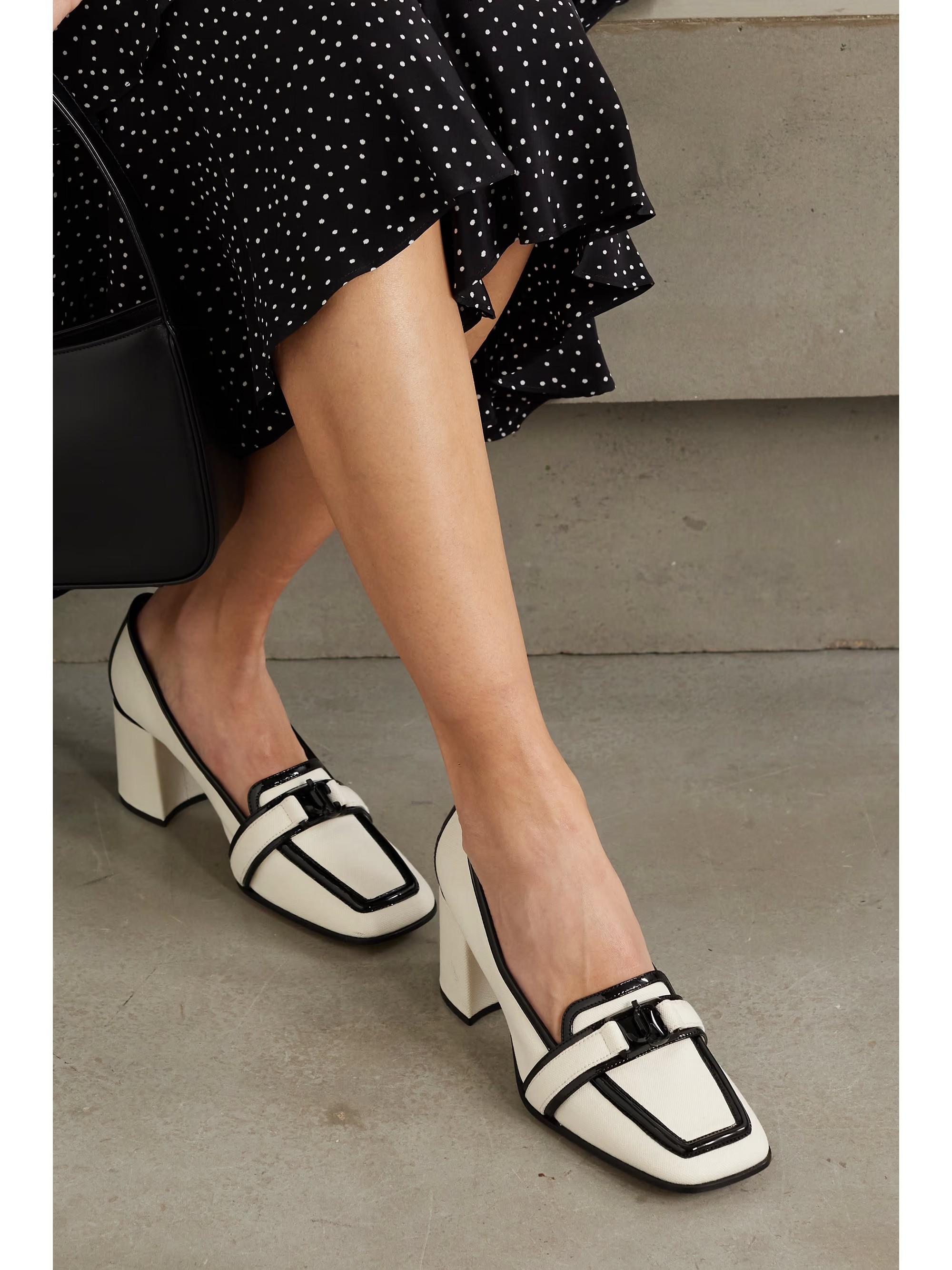 JIMMY CHOO white & black canvas EVIN 65 PATENT TRIM Pumps Shoes 37.5 For Sale 5