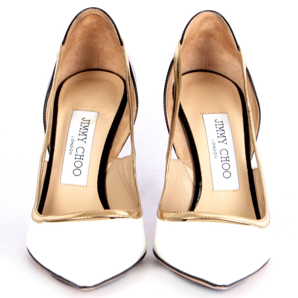 100% authentic Jimmy Choo Viper pointed-toe pumps in tricolor white, black and gold patent leather. Have been worn and are in excellent condition.

Imprinted Size 36
Inside Sole 23.5cm (9.2in)
Width 7cm (2.7in)
Heel 9.5cm (3.7in)