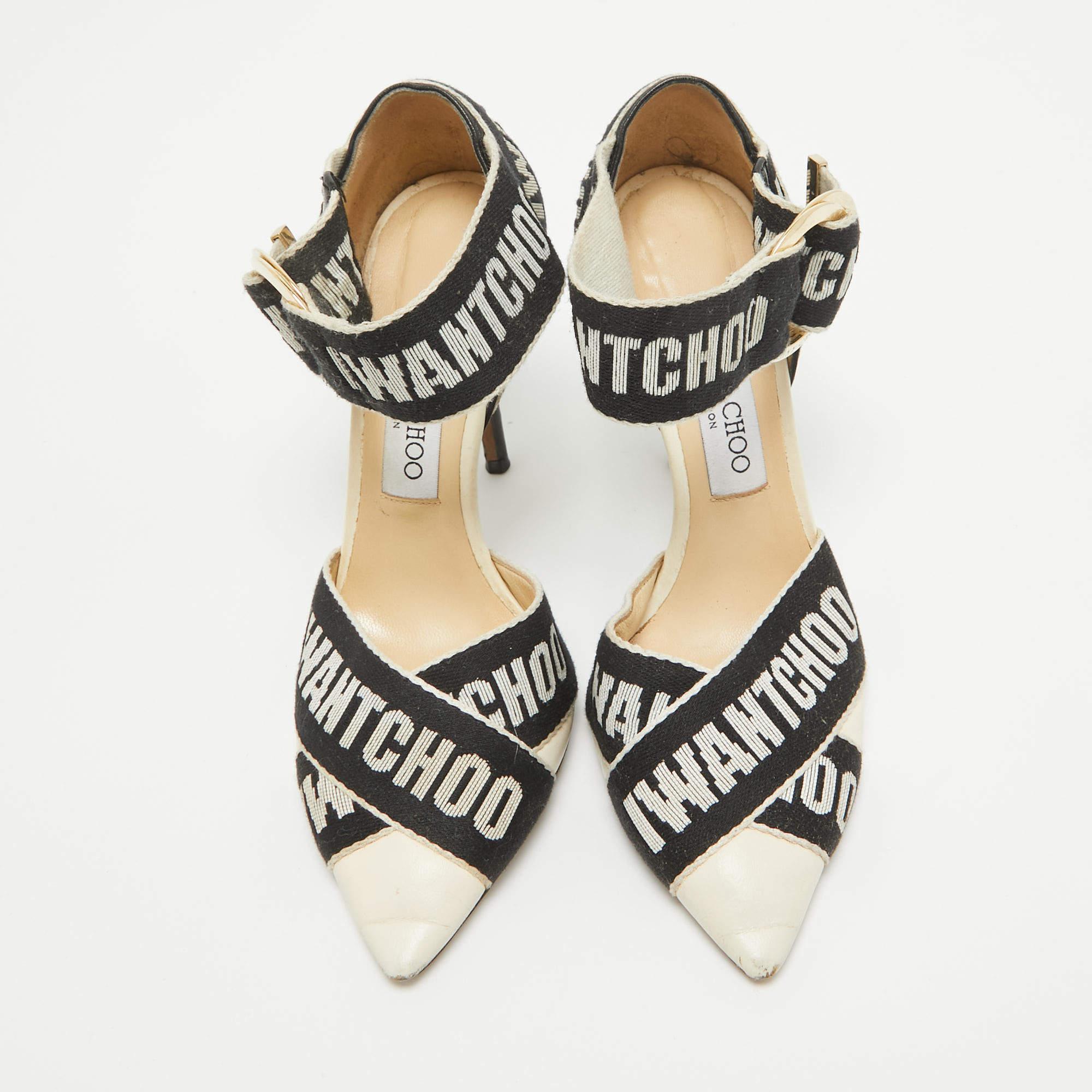 Jimmy Choo White/Black Leather and Canvas Buckle Pumps Size 37 In Fair Condition For Sale In Dubai, Al Qouz 2