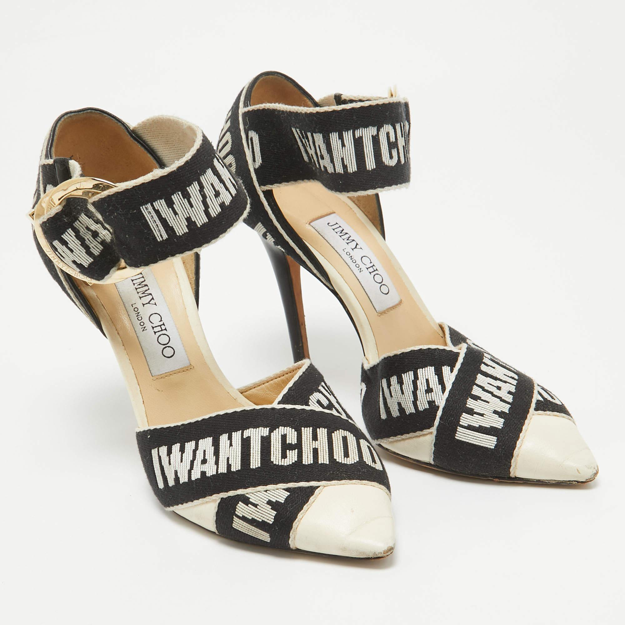 Women's Jimmy Choo White/Black Leather and Canvas Buckle Pumps Size 37 For Sale