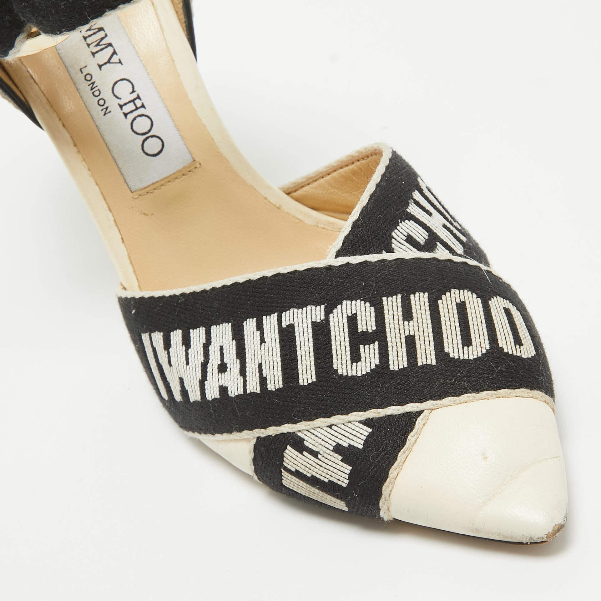 Jimmy Choo White/Black Leather and Canvas Buckle Pumps Size 37 For Sale 3