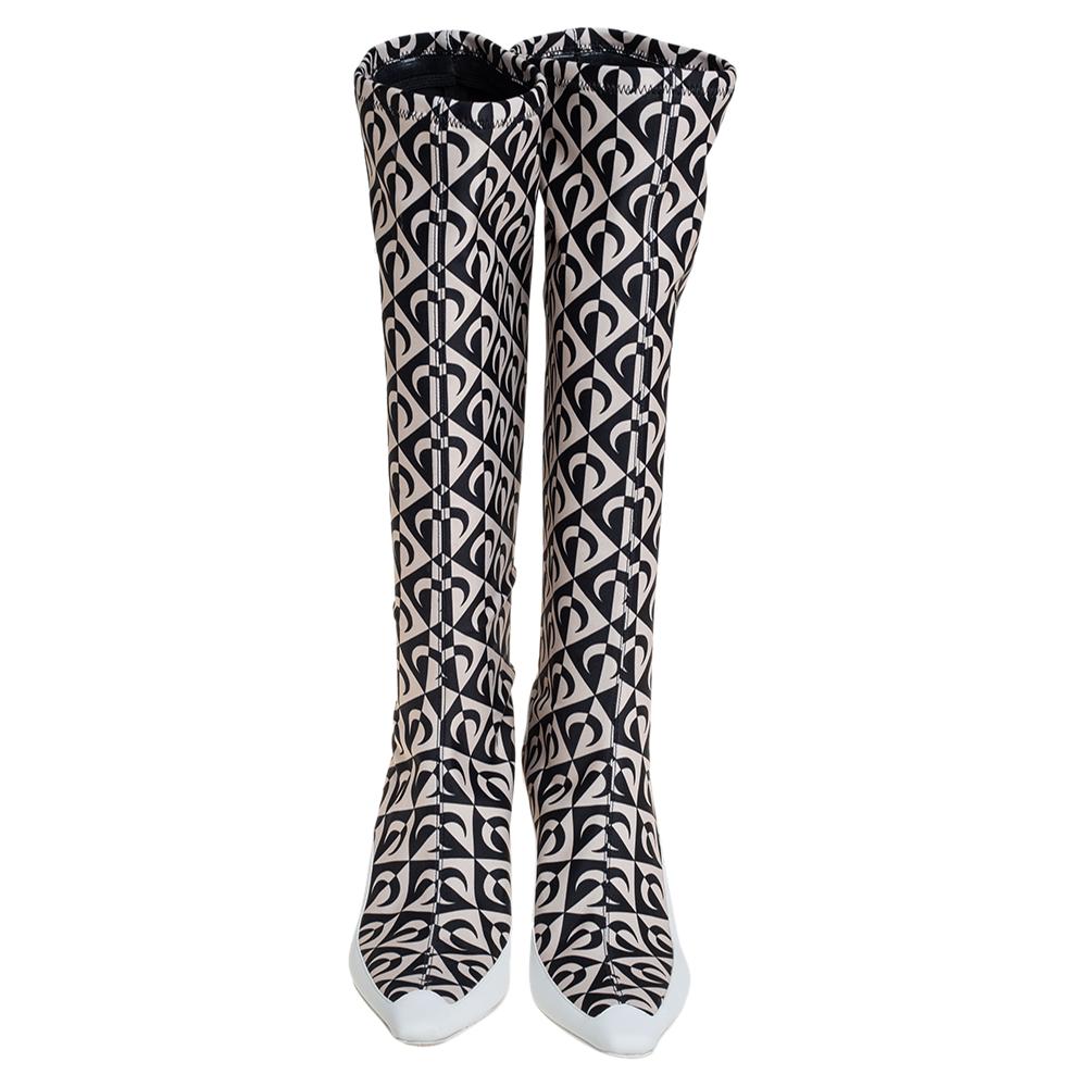 Gray Jimmy Choo White/Black Leather And Stretch Fabric Knee High Boots Size 37