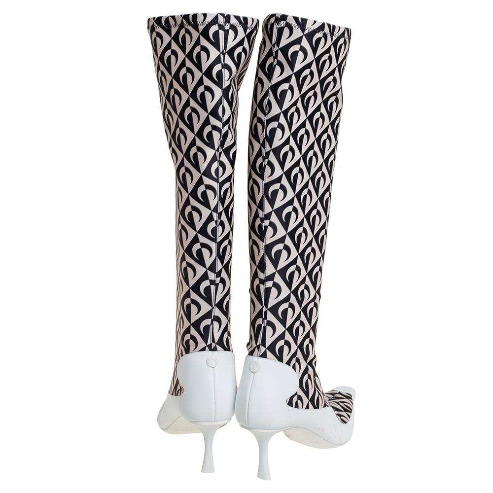 Jimmy Choo White/Black Leather And Stretch Fabric Knee High Boots Size 37 In Fair Condition In Dubai, Al Qouz 2