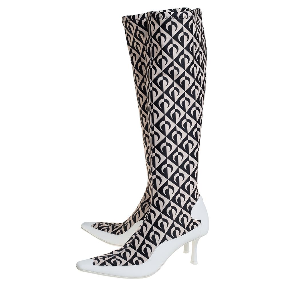 Women's Jimmy Choo White/Black Leather And Stretch Fabric Knee High Boots Size 37