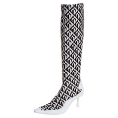 Jimmy Choo White/Black Leather And Stretch Fabric Knee High Boots Size 37