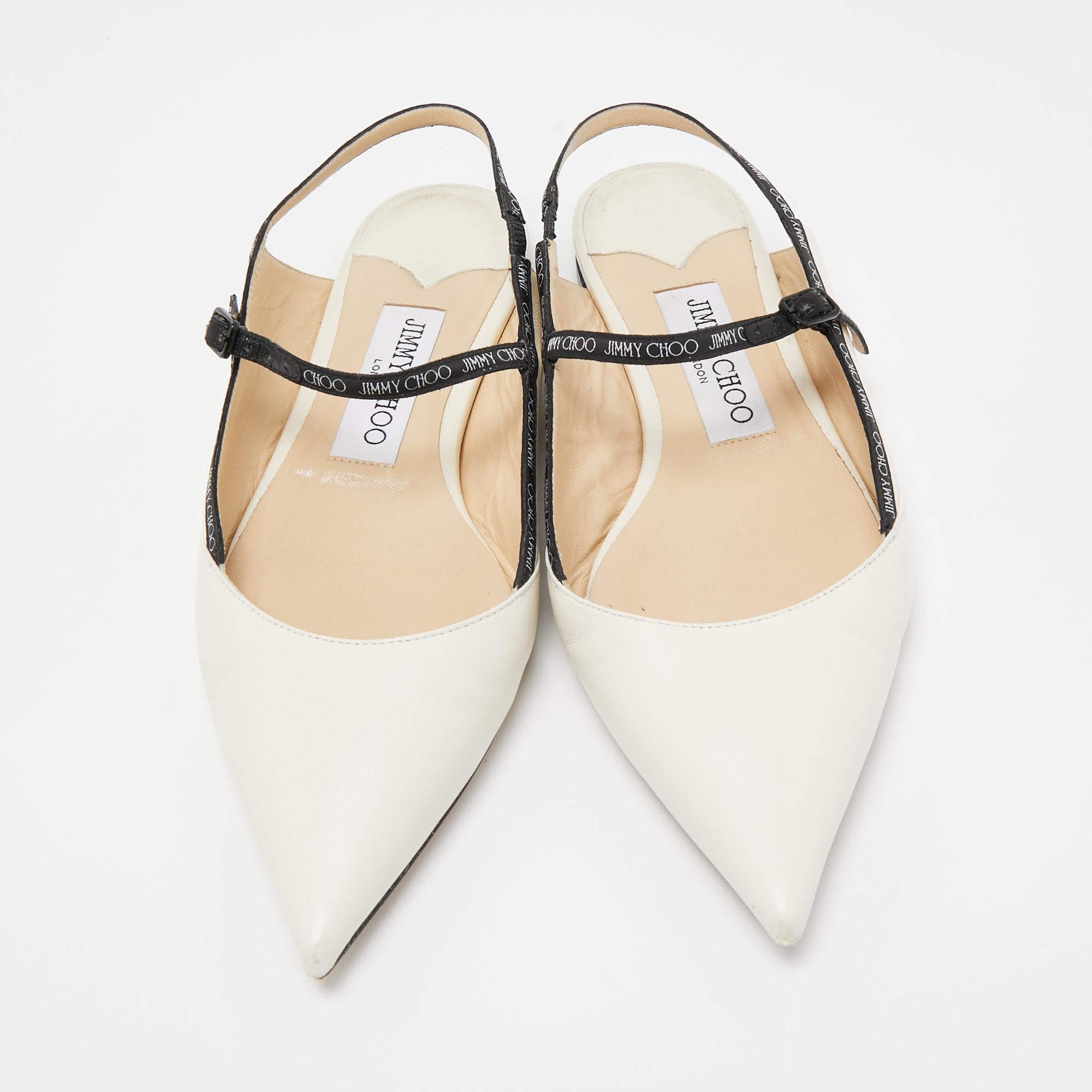 Women's Jimmy Choo White/Black Leather Ray Slingback Flats Size 36 For Sale