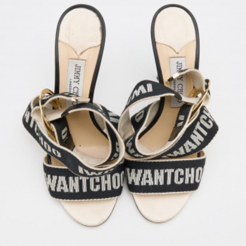 Beige Jimmy Choo White/Black Web Bailey Logo Ankle Strap Sandals Size 38 For Sale