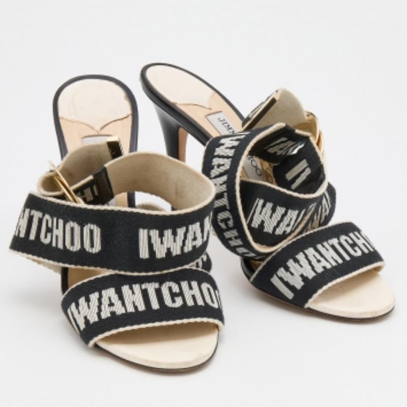 Jimmy Choo White/Black Web Bailey Logo Ankle Strap Sandals Size 38 In Good Condition For Sale In Dubai, Al Qouz 2