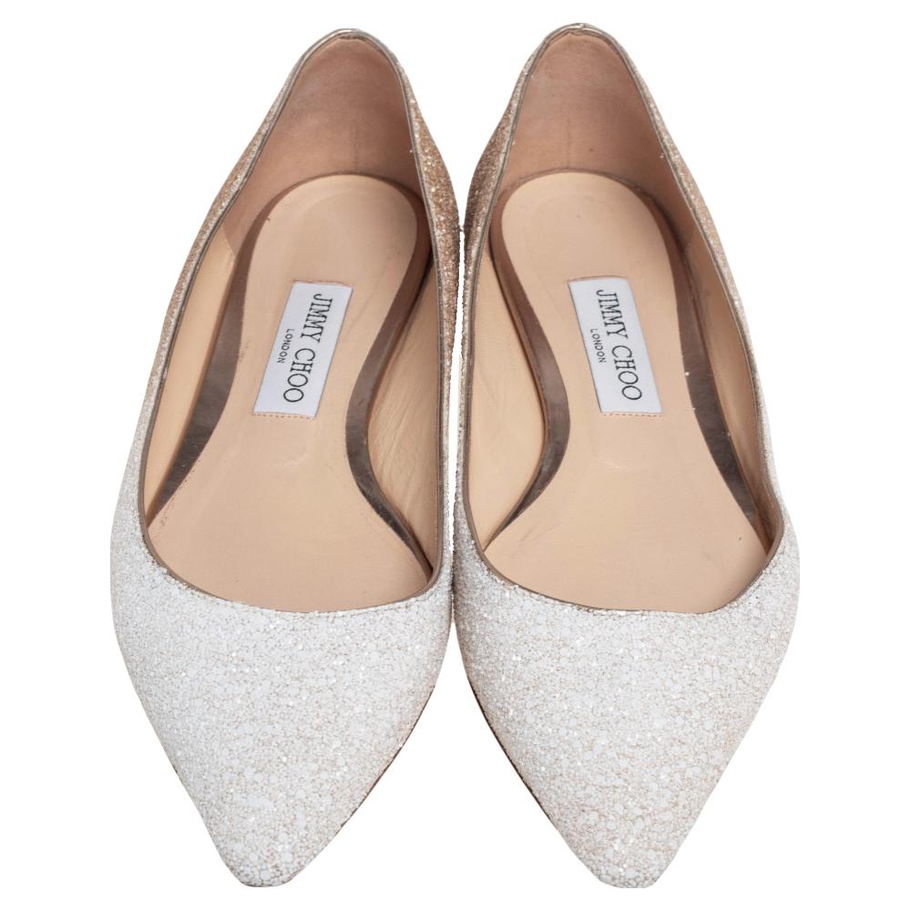 Beige Jimmy Choo White/Brown Ombre Glitter Romy Pointed Toe Ballet Flats Size 39