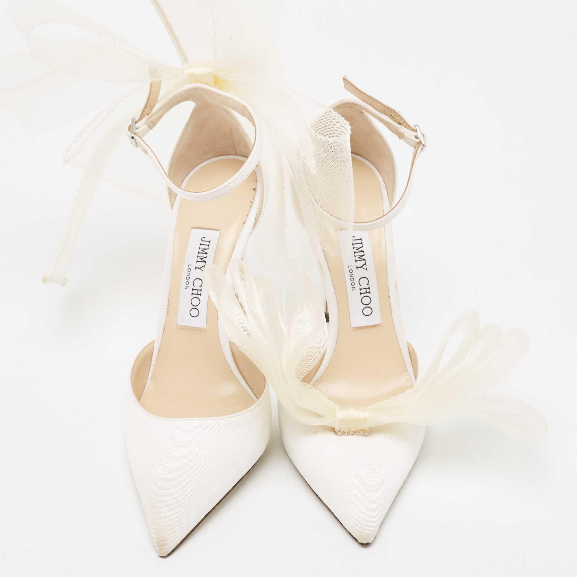 Jimmy Choo White Canvas and Mesh Aveline Bow Ankle Strap Pumps Size 37 1