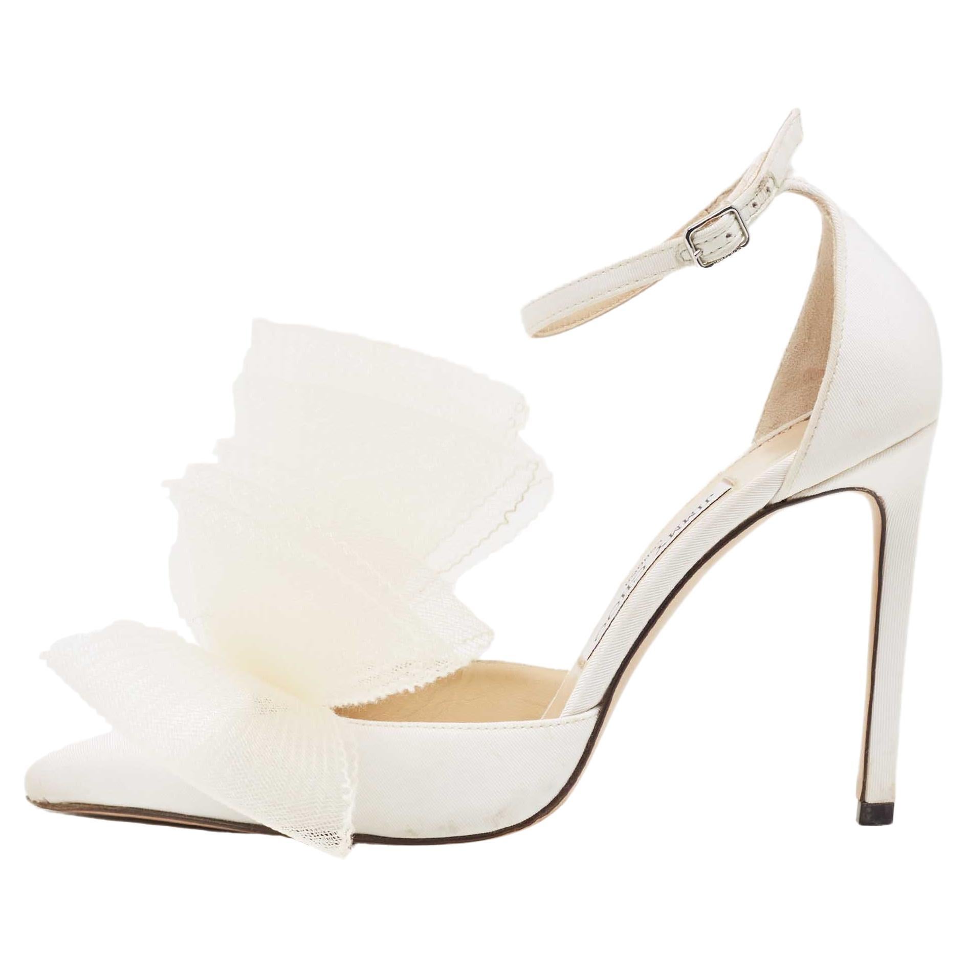 Jimmy Choo White Canvas and Mesh Aveline Bow Ankle Strap Pumps Size 37