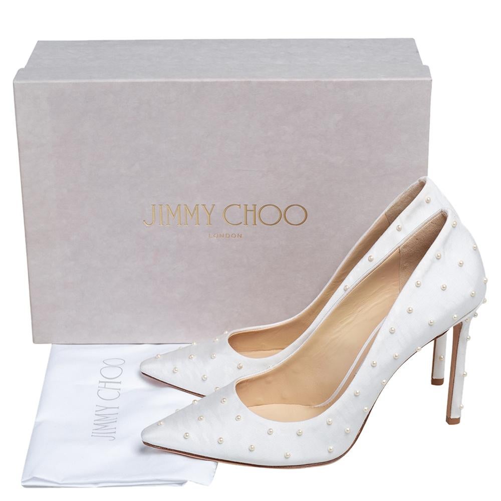 Jimmy Choo White Canvas Romy Pearl Embellished Pointed Toe Pumps 39.5 1