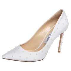 Jimmy Choo White Canvas Romy Pearl Embellished Pointed Toe Pumps 39.5