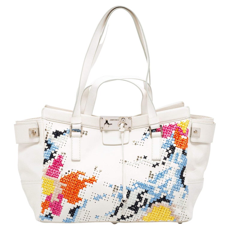 Jimmy Choo White Cross Stitched/Embellished Leather Tote For Sale at 1stDibs