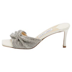 Jimmy Choo White Crystal Embellished Leather Naria Slide Sandals Size 38
