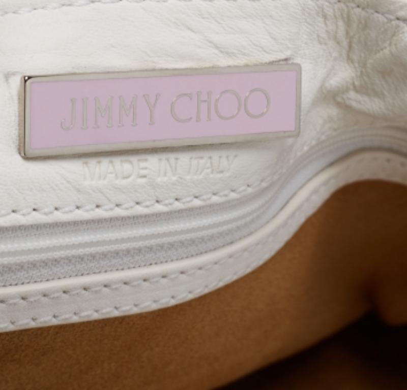 Jimmy Choo White Embellished Leather and Python Trim Beaded Drawstring Hobo In Good Condition For Sale In Dubai, Al Qouz 2