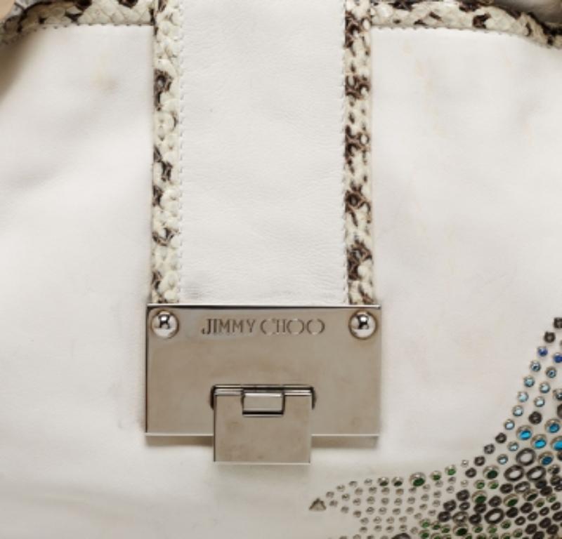 Jimmy Choo White Embellished Leather and Python Trim Beaded Drawstring Hobo For Sale 1