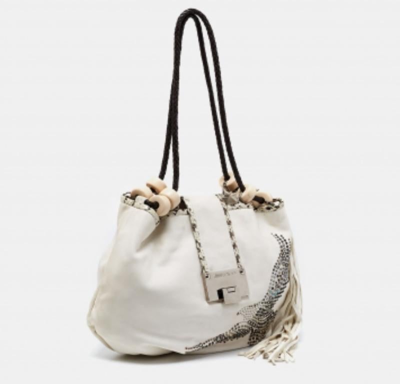 Jimmy Choo White Embellished Leather and Python Trim Beaded Drawstring Hobo For Sale 3