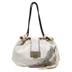 Jimmy Choo White Embellished Leather and Python Trim Beaded Drawstring Hobo