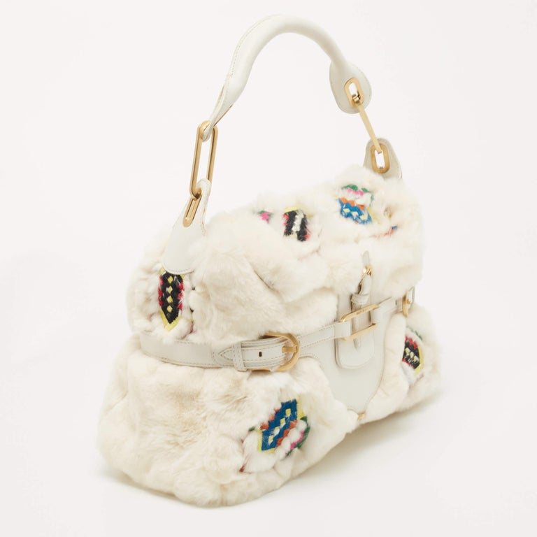 Jimmy Choo White Embroidered Rabbit Fur and Leather Tulita Hobo For ...