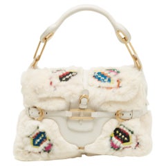 Jimmy Choo White Embroidered Rabbit Fur and Leather Tulita Hobo