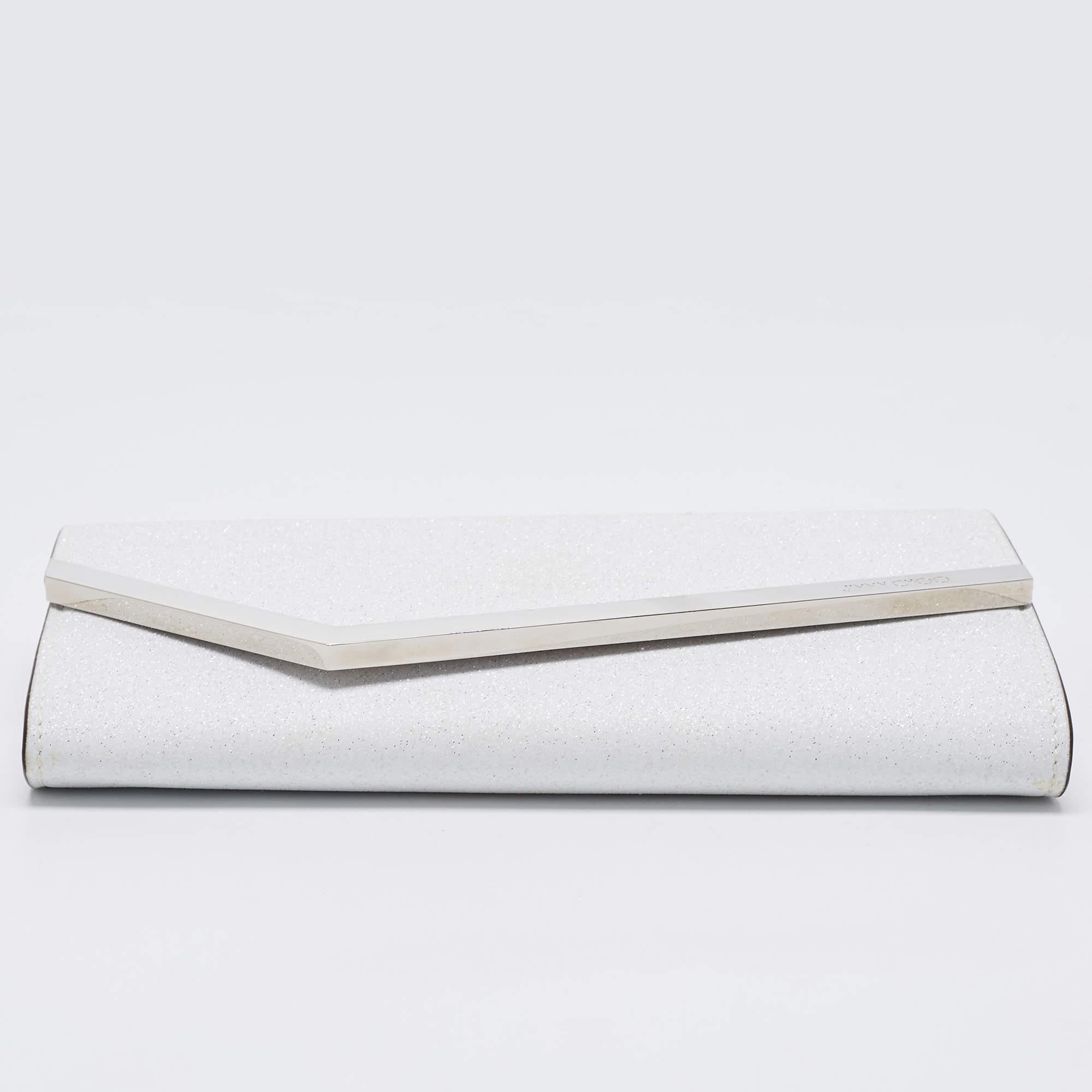 Jimmy Choo White Glitter Emmie Chain Clutch For Sale at 1stDibs