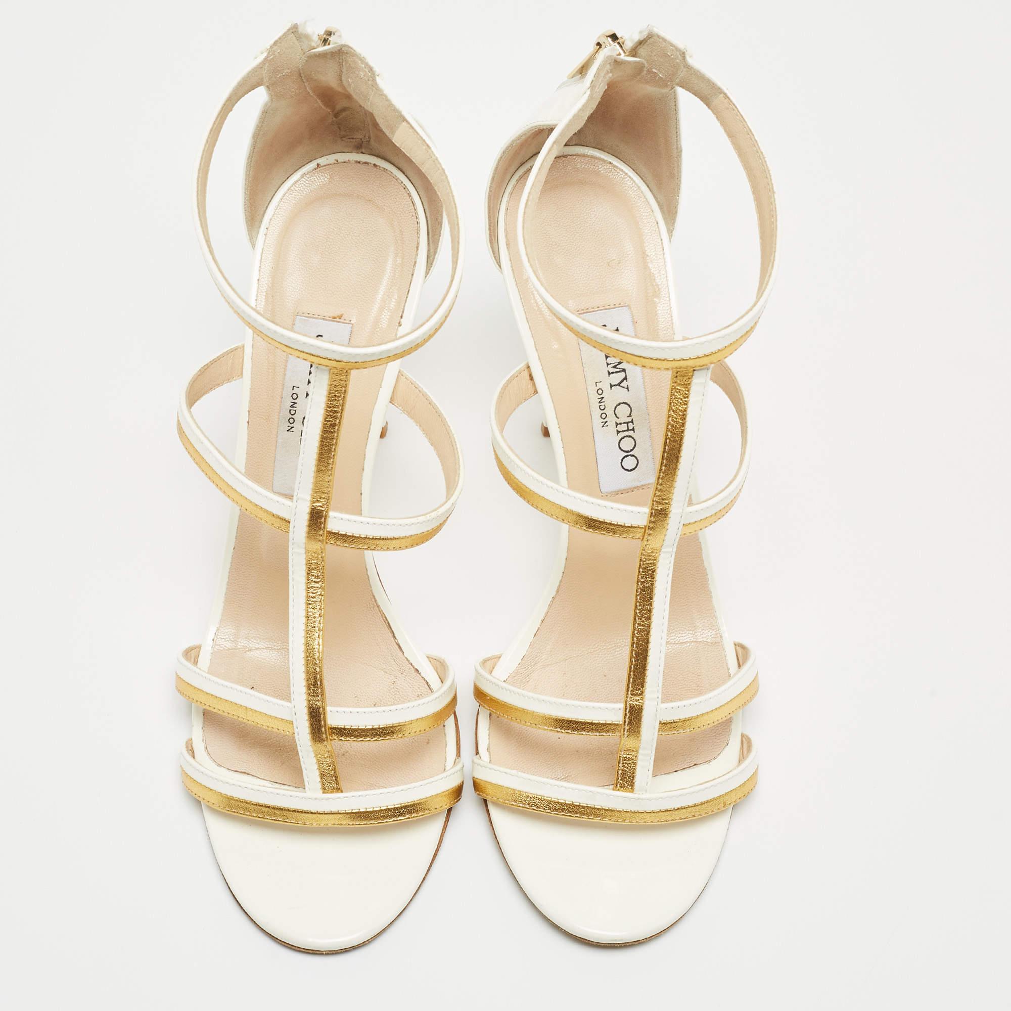 Beige Jimmy Choo White/Gold Patent and Leather Ankle Sandals Size 39.5 For Sale