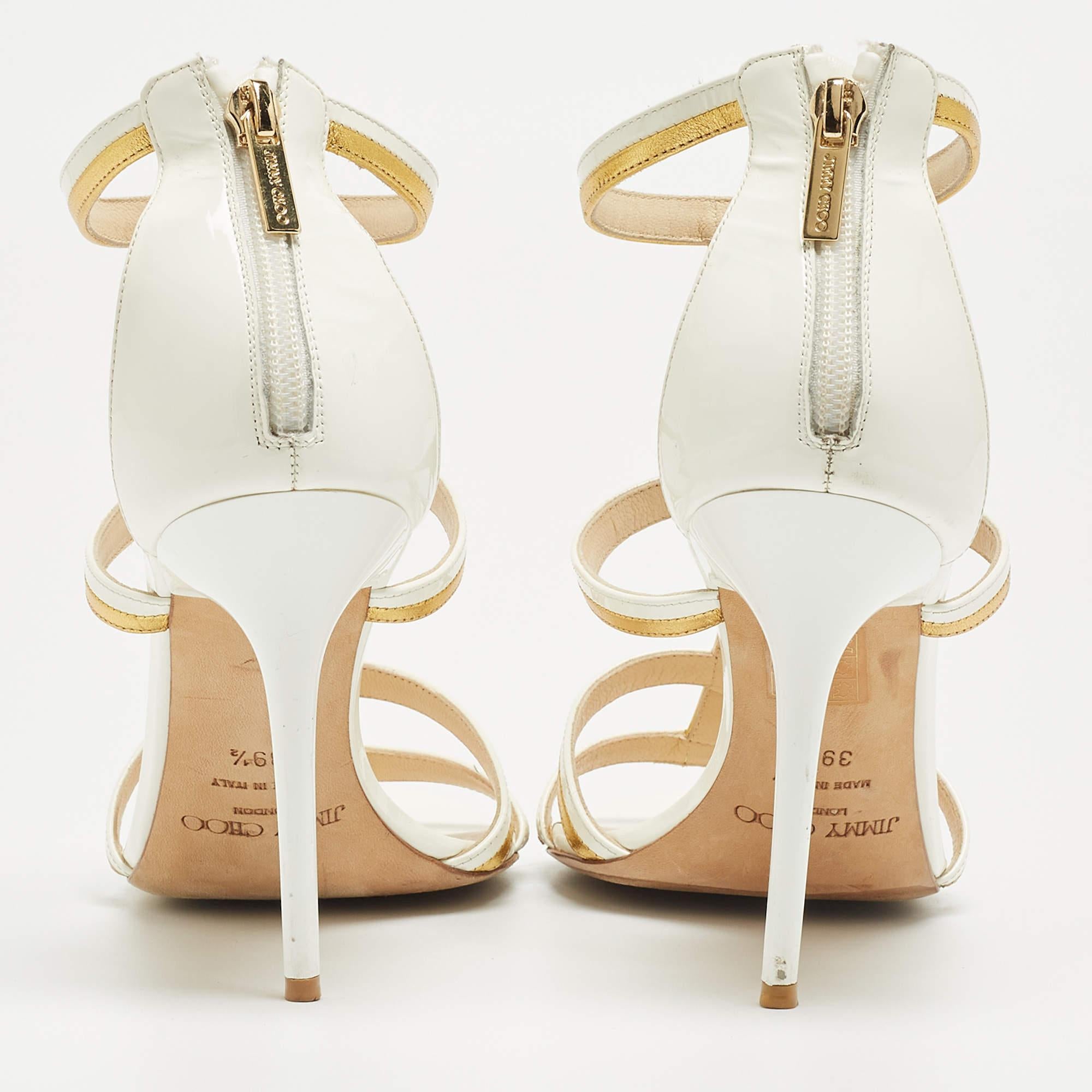 Women's Jimmy Choo White/Gold Patent and Leather Ankle Sandals Size 39.5 For Sale