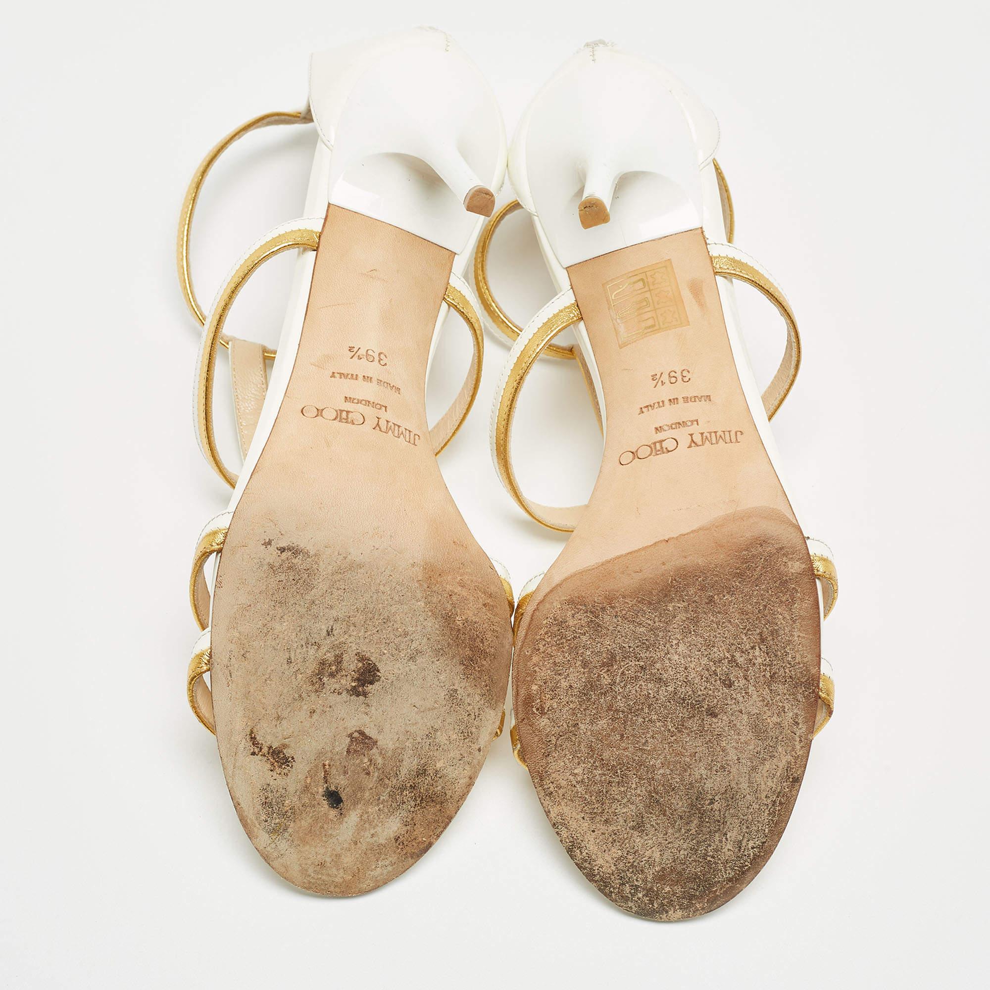 Jimmy Choo White/Gold Patent and Leather Ankle Sandals Size 39.5 For Sale 1
