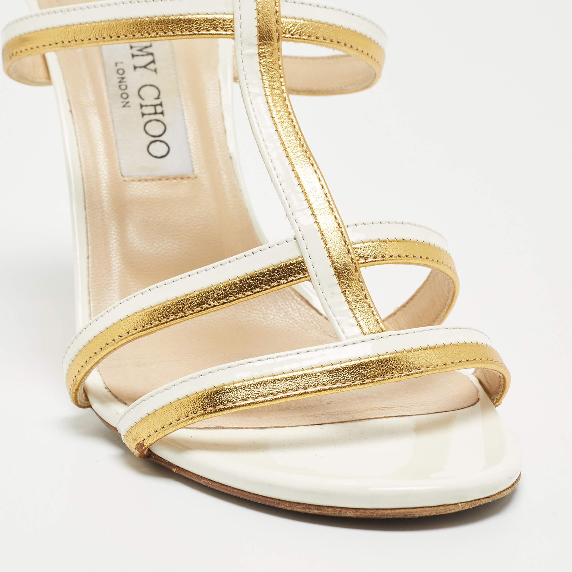 Jimmy Choo White/Gold Patent and Leather Ankle Sandals Size 39.5 For Sale 2