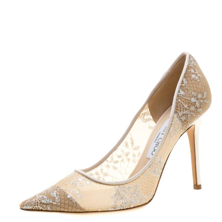Jimmy Choo White Lace Abel Pointed Toe Pumps Size 38.5 For Sale at 1stDibs