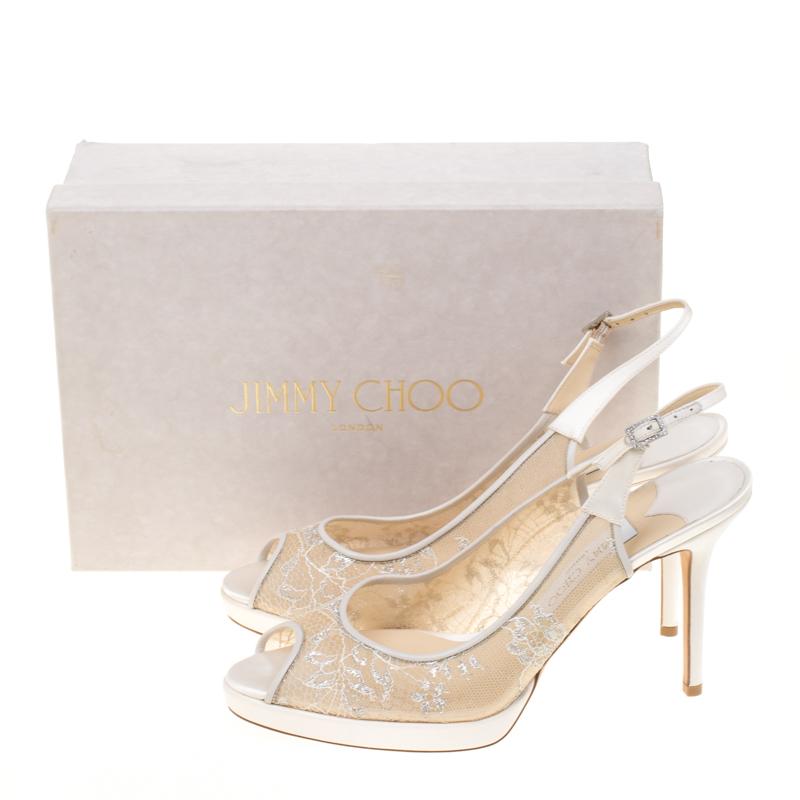 Jimmy Choo White Lace And Satin Nova Peep Toe Slingback Sandals Size 41 3