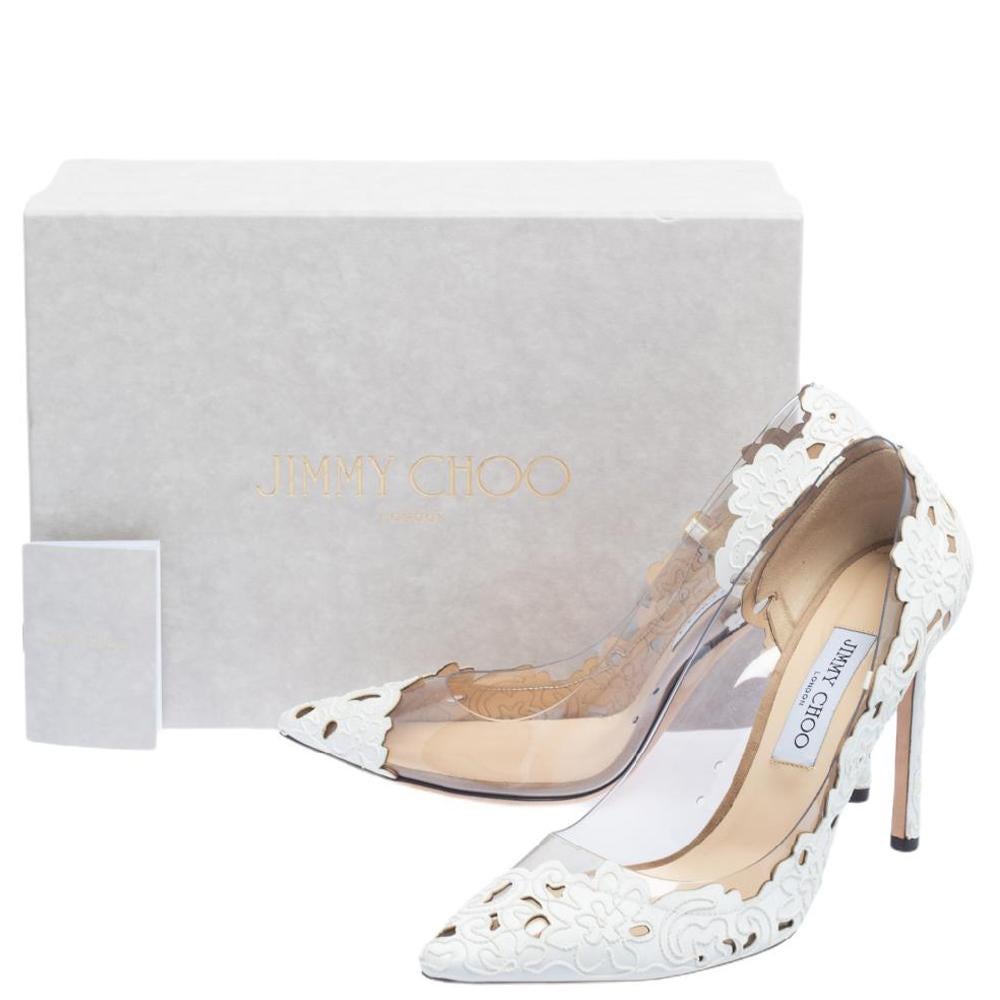Women's Jimmy Choo White Lace Fabric And PVC Romy 100 Pointed Toe Pumps Size 40