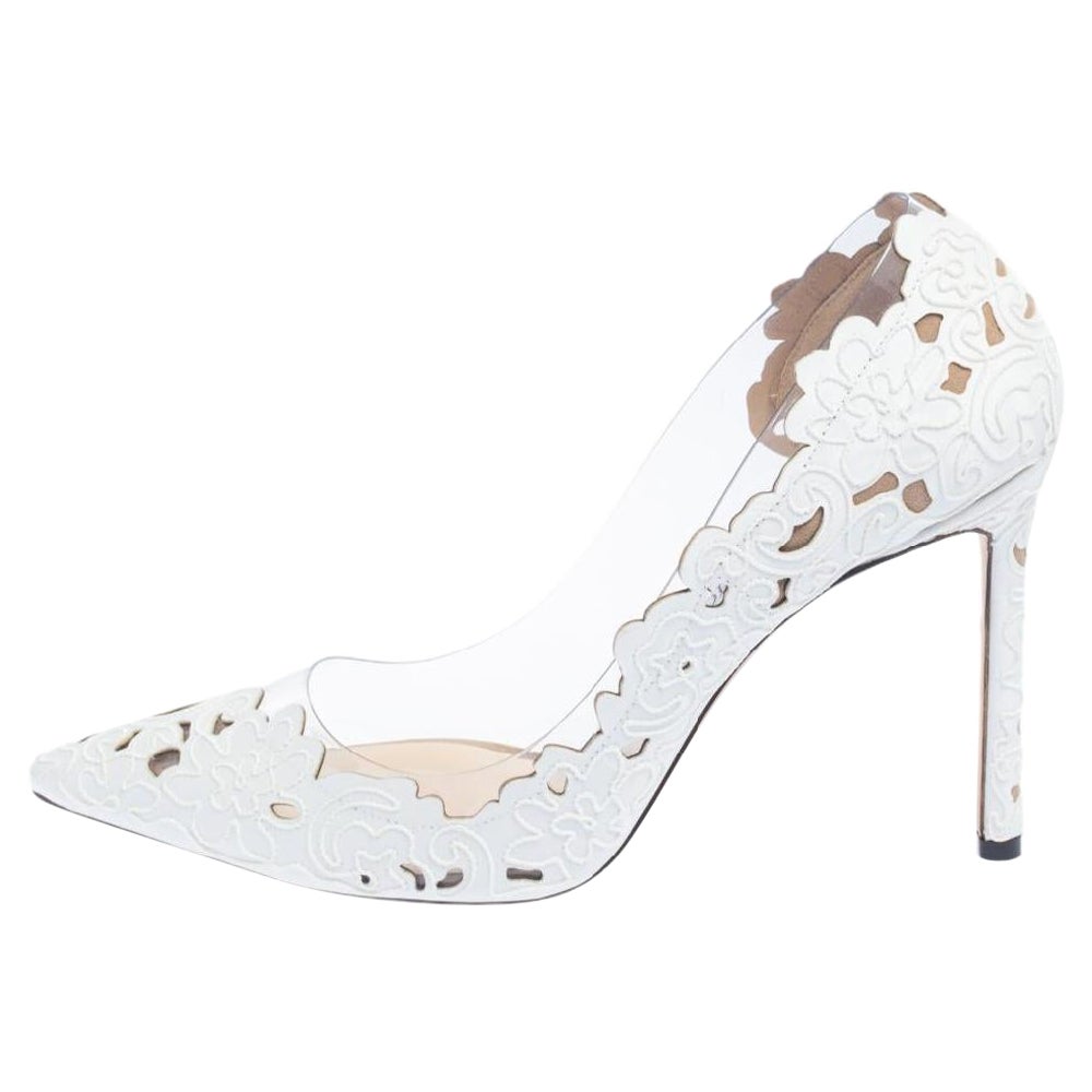 Jimmy Choo White Lace Fabric And PVC Romy 100 Pointed Toe Pumps Size 40