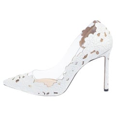 Jimmy Choo White Lace Fabric And PVC Romy 100 Pointed Toe Pumps Size 40
