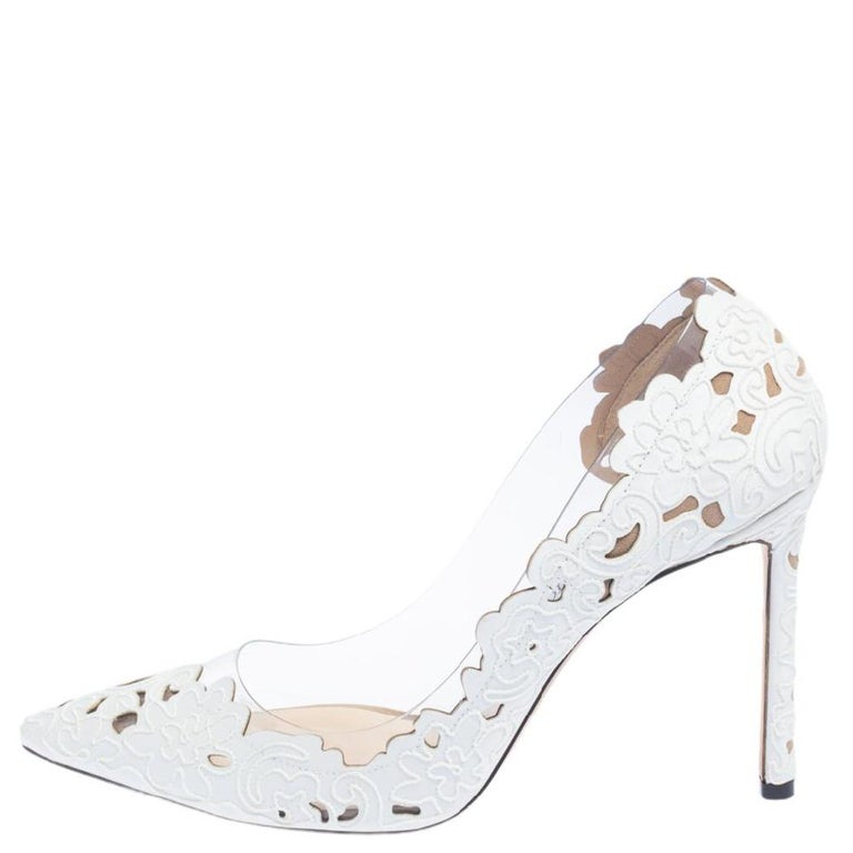 Bunke af Blank pædagog Jimmy Choo White Lace Fabric And PVC Romy 100 Pointed Toe Pumps Size 40 at  1stDibs