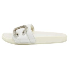 Jimmy Choo White Leather Crystal Embellished Flat Slides Size 39