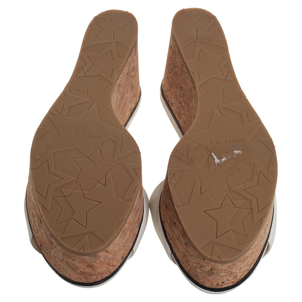 Jimmy Choo Weiß Leder Deedee Kork Keil Slide Sandalen Größe 38::5 Damen