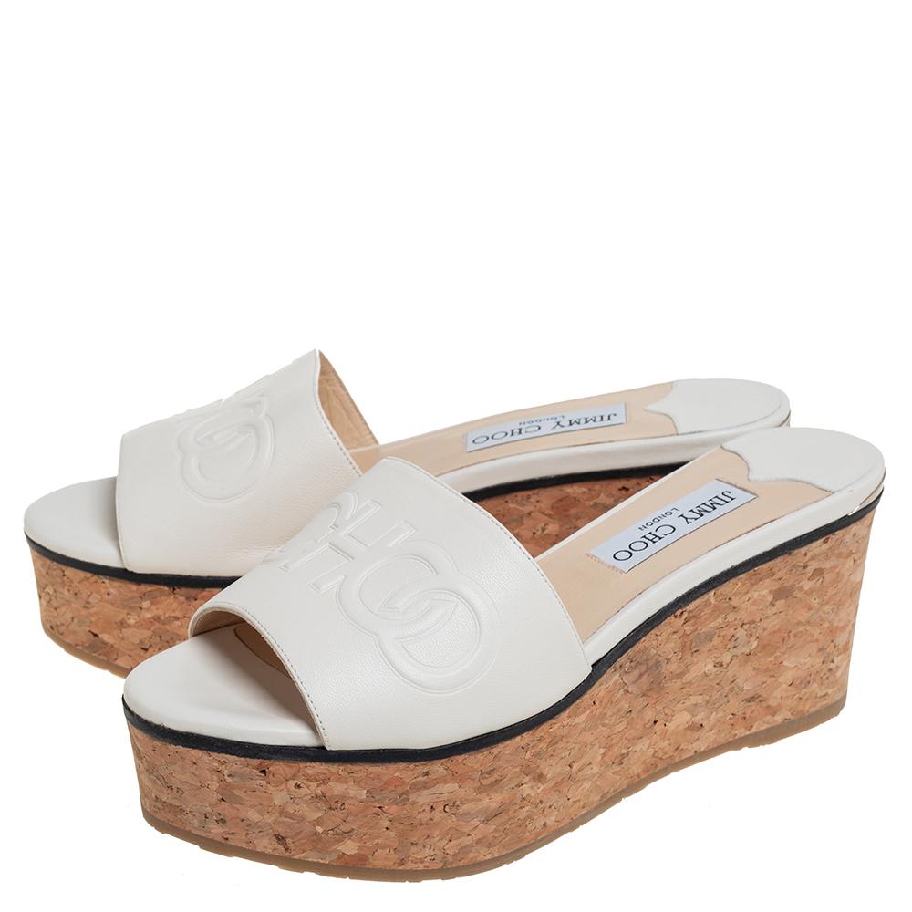 Women's Jimmy Choo White Leather Deedee Cork Wedge Slide Sandals Size 38.5