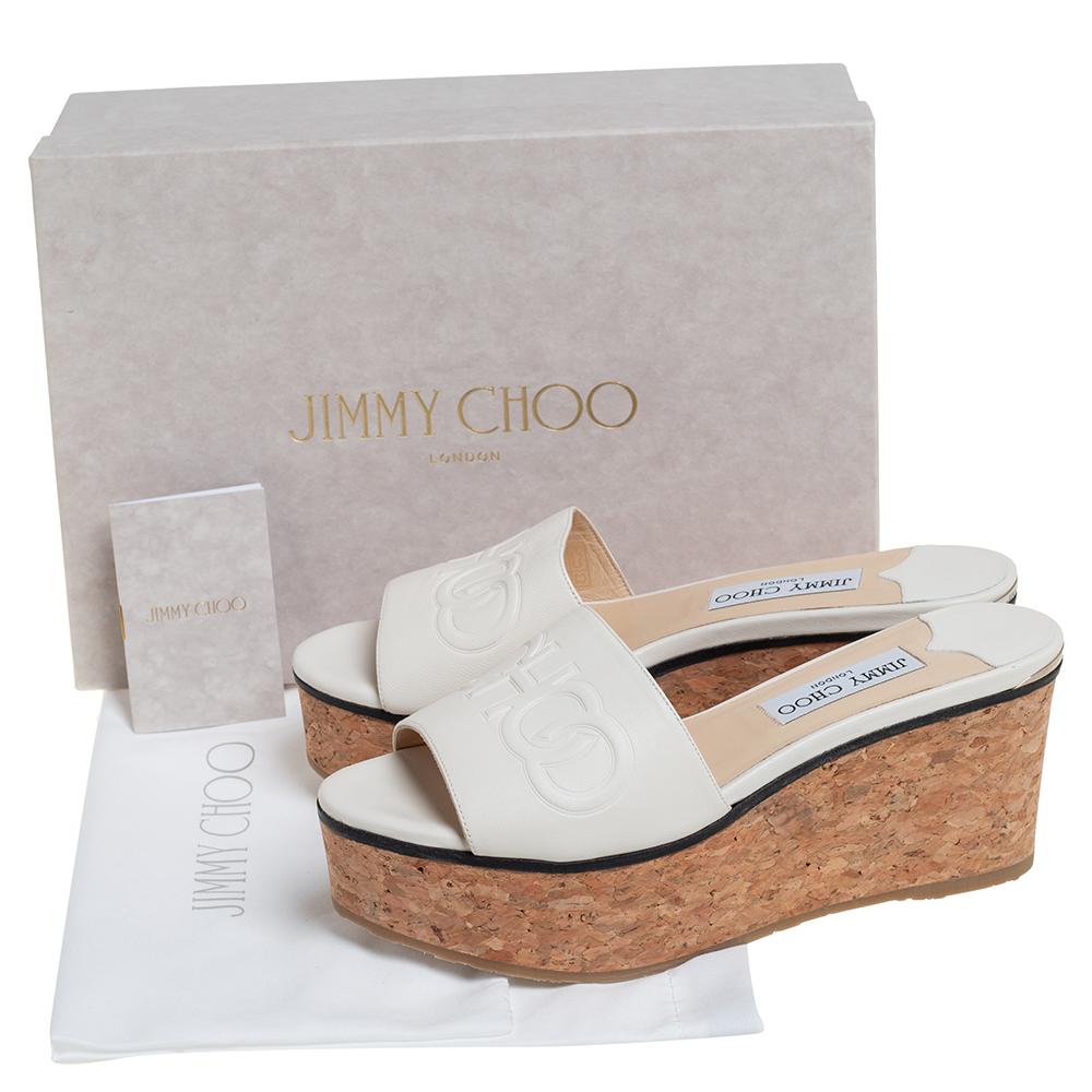 Jimmy Choo White Leather Deedee Cork Wedge Slide Sandals Size 38.5 1