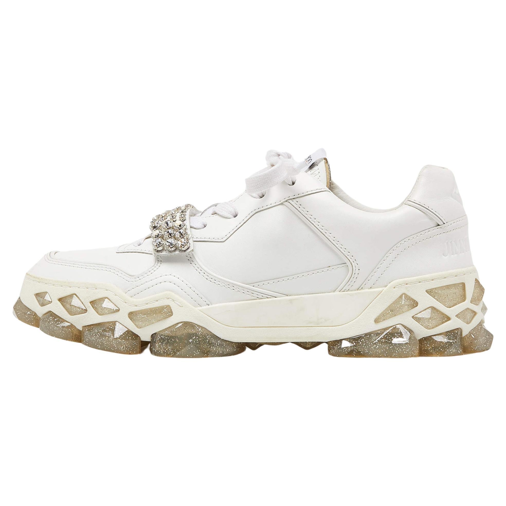 Jimmy Choo White Leather Diamond Crystal Embellished Sneakers Size 41 For Sale