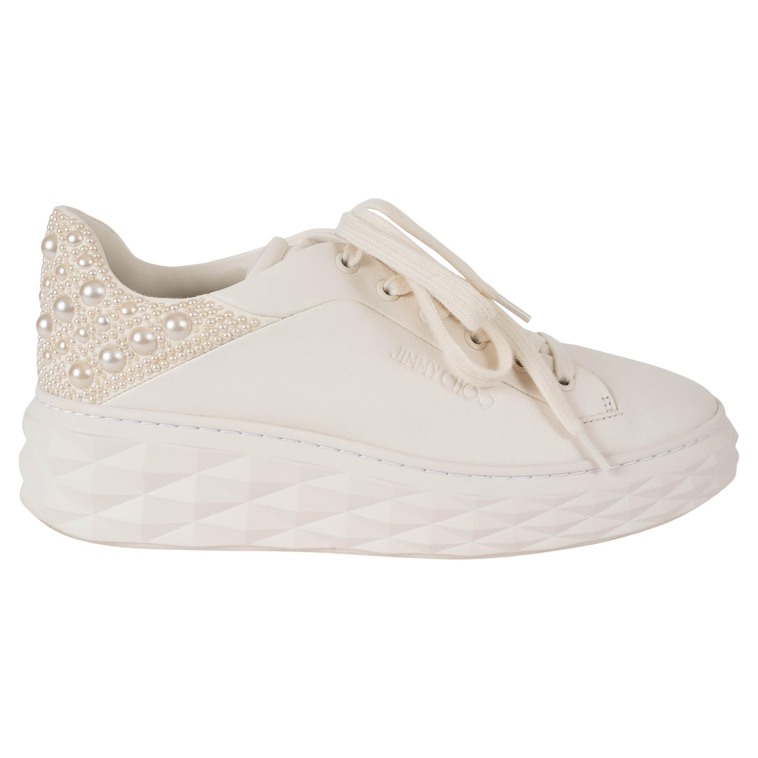 JIMMY CHOO white leather DIAMOND MAXI/F II PEARL Sneakers Shoes 39