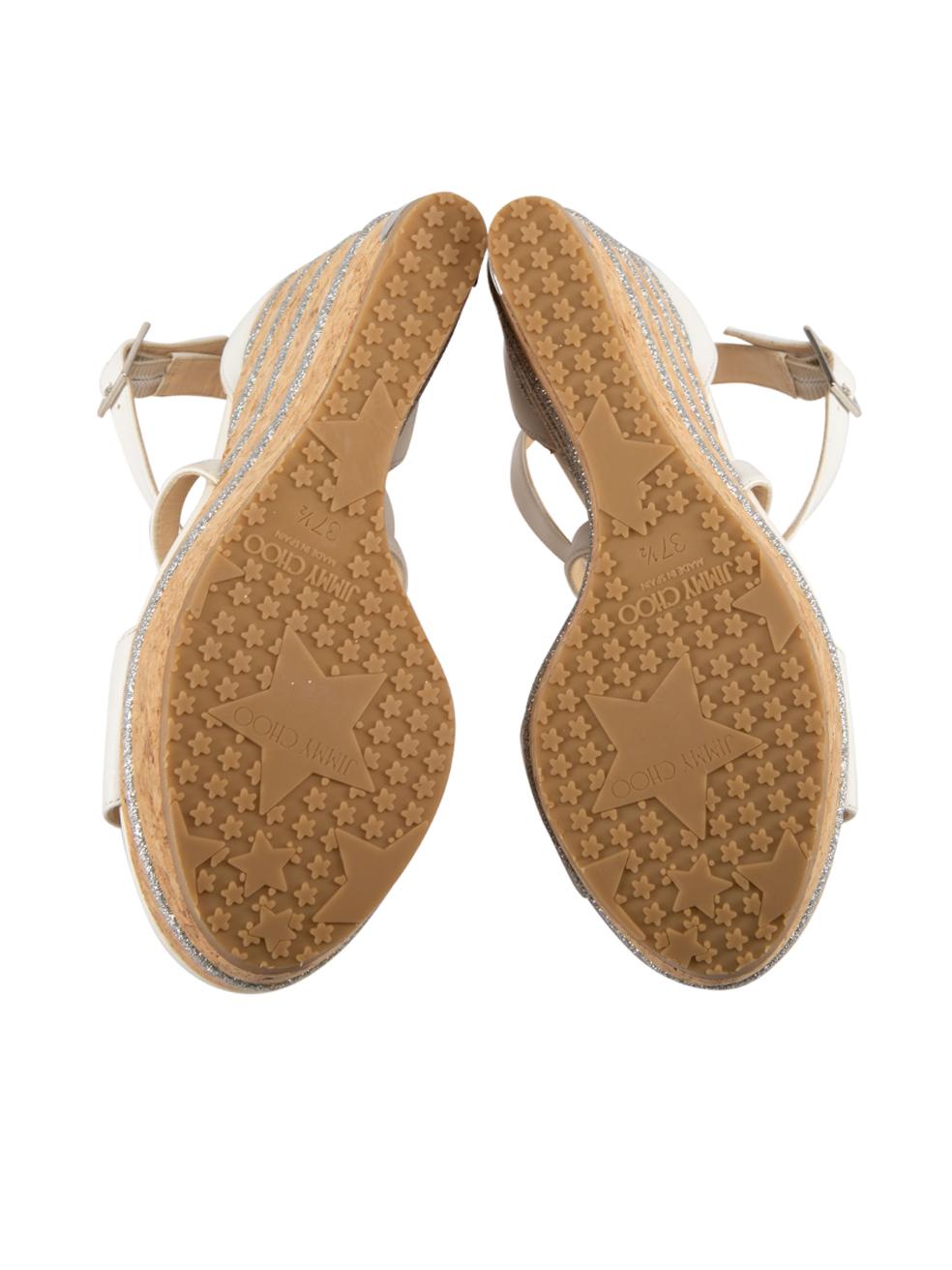 Women's Jimmy Choo White Leather Glitter Wedge Sandals Size IT 37.5