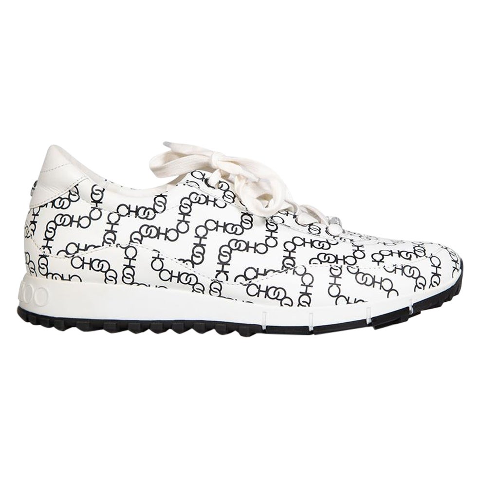 Jimmy Choo White Leather Logo Printed Trainers Size IT 38