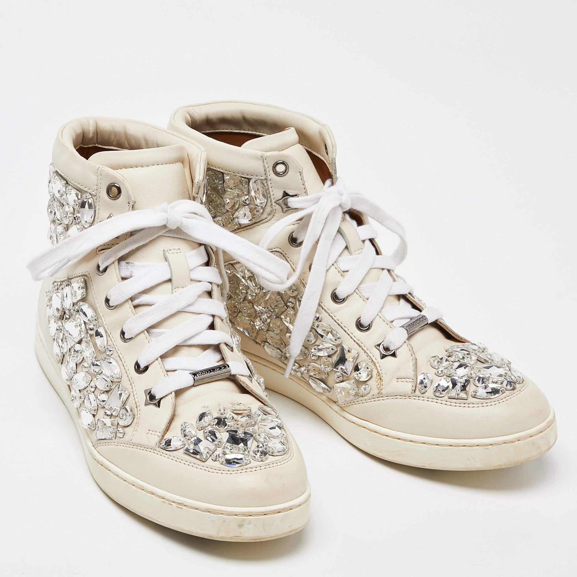 Women's Jimmy Choo White Leather Tokyo Crystal Embellished High Top Sneakers Size 37.5 For Sale